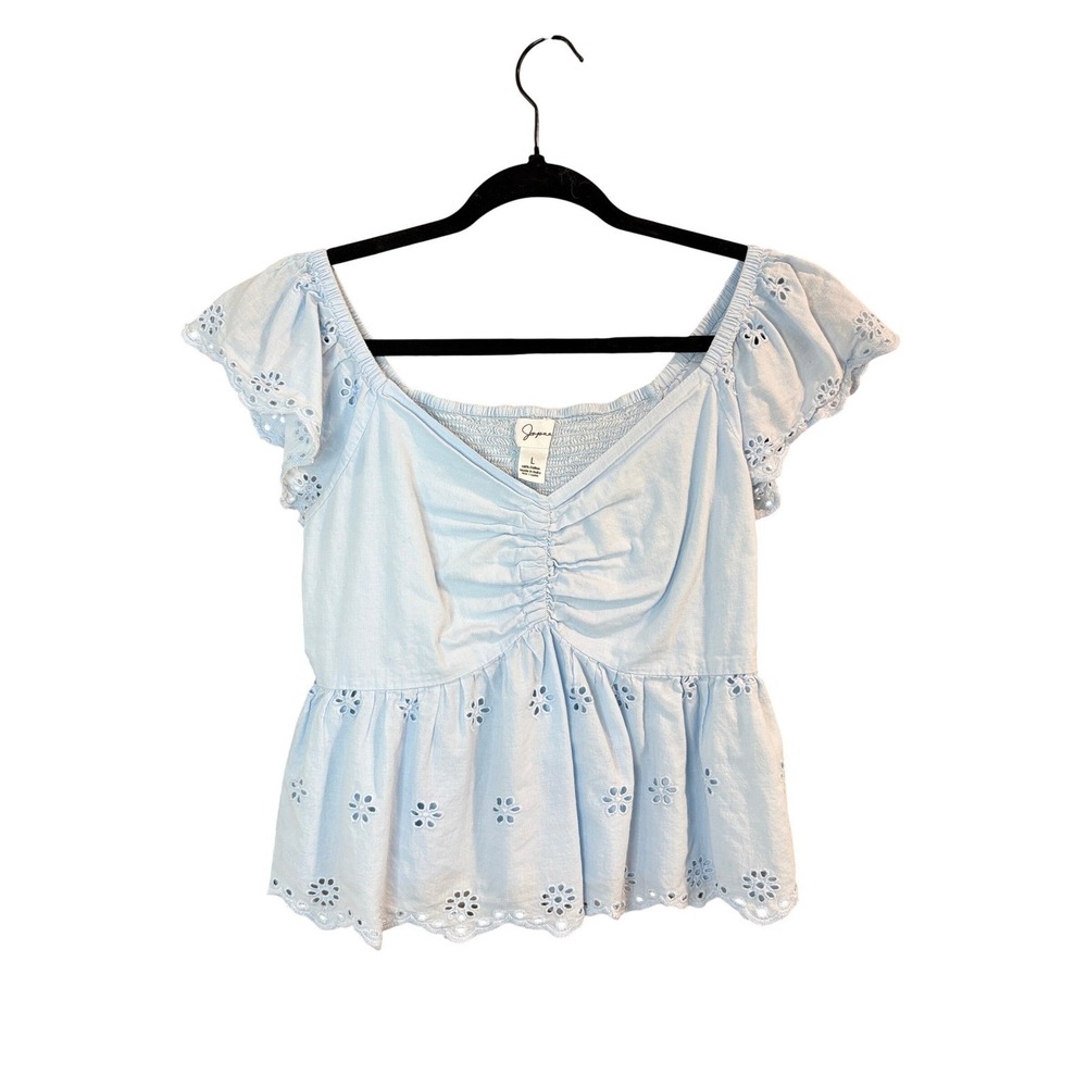 Japna‎ Light Blue Eyelet Cotton Peplum Top Large Smocked Back Flutter Sleeve
